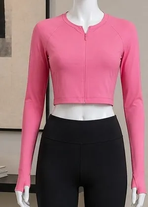 H&M Move Womens Cropped Quarter Zip Athletic Top Pink Thumbhole Size L thumbnail 1