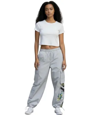 NWT Ed Hardy Drawstring Cargo Pants Grey Low Rise Butterflies Phoenix Graphic M thumbnail 3