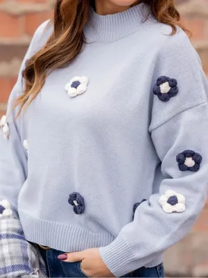 Gilli 3D Crochet Flower Applique Mock Neck Sweater blue white Wmns S thumbnail 2