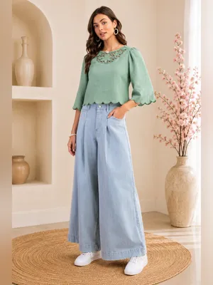 Crochet Yoke Puff Sleeve Blouse in Sage Size Medium thumbnail 2