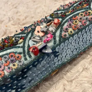 Hand Beaded Shell Clutch Purse Teal Blue Kiss Lock Evening Bag w/ Chain thumbnail 8