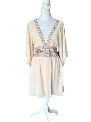 Lulus Reign Check Pale Peach Embroidered Dress Mini Boho Womens Medium NEW thumbnail 2