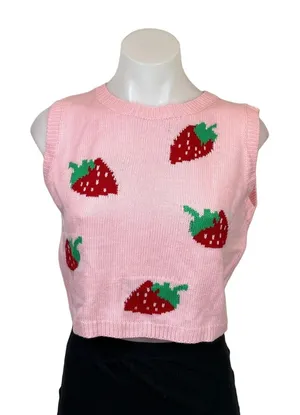 Shein Women Pink Strawberry Print Knit Crew Neck Crop Sleeveless Vest Sweater S thumbnail 1