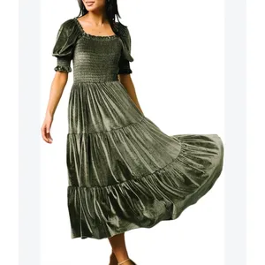 Baltic Born Olive Green Velvet Smocked Tiered Midi Dress 2XL Square Neck Puff thumbnail 7