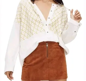 We the Free People Spirit Henley Tunic Top Embroidered Boho sweater sweatshirt blouse shirt button front white gold yellow long sleeve Size L-measurements in pics thumbnail 1
