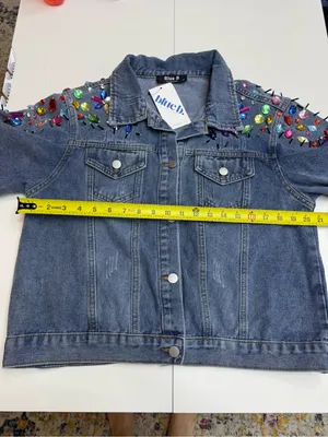 Blue B Collection Denim Jacket with Colorful Rhinestones and Spikes, Size M thumbnail 11