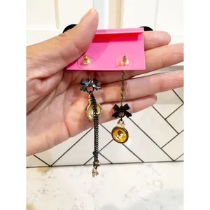 Betsey Johnson Ladybug Earrings crystal post stud black bows pink ladybug dangle thumbnail 5