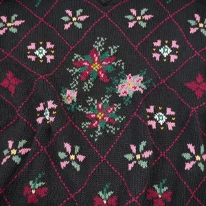 Boundary Waters Vintage Chunky Knit Floral Intarsia Mock Neck Sweater XL Black thumbnail 3