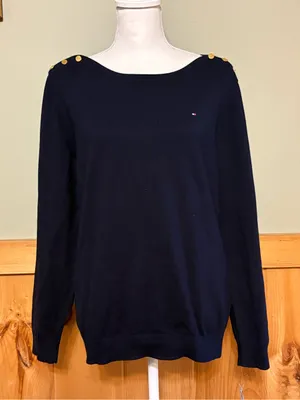 Tommy Hilfiger Navy Off-the-Shoulder Sweater with Gold Shoulder Buttons XL NWT thumbnail 1