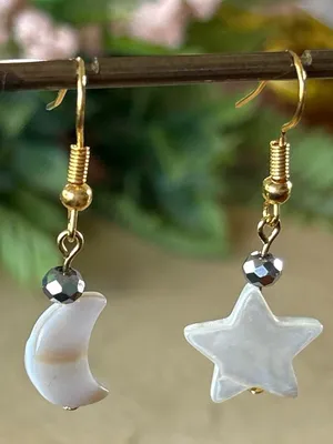 Handmade Gold Hook Moon & Star Shell Drop Earrings - White thumbnail 2