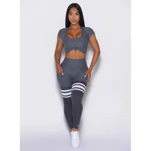 Bombshell Sportswear Perform Thigh High Leggings Women M Gray Stripe Pocket thumbnail 3