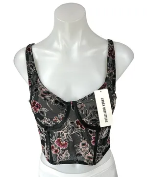 NEW Urban Outfitters Bella Floral Lace Velvet Sleeveless Crop Corset Tank Top L thumbnail 1