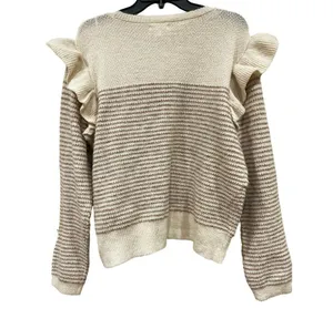 Lauren Conrad LC Sweater Women's XL Dizzy Striped Knit Ruffle Shoulder Cream thumbnail 2