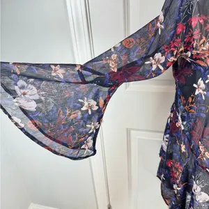 Coachella Festival Sheer Floral Kimono Boho Bell Sleeve Navy M Tassel Resort thumbnail 3