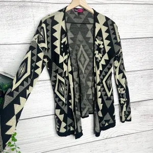 Say What? Black & Cream Aztec Open Front Cardigan Sweater Size Large Southwest thumbnail 4