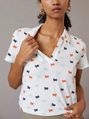 Maeve Anthropologie Embroidered Bow Polo Crop Top Large thumbnail 1