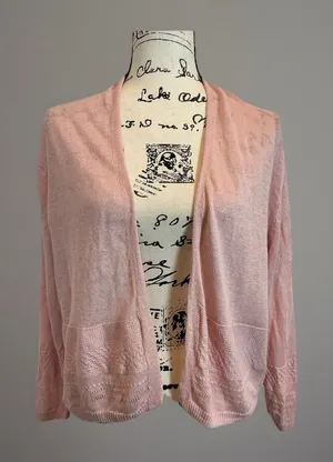 Nanette Lepore 100% Linen Cardigan Open Knit Lightweight Pink Sweater‎ Sz L thumbnail 1