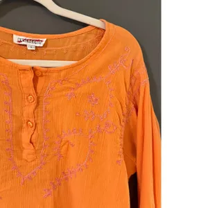 Kaketus Y2k Orange Cotton Gauze‎ Embroidered Boho Henley Blouse Womens Large thumbnail 2