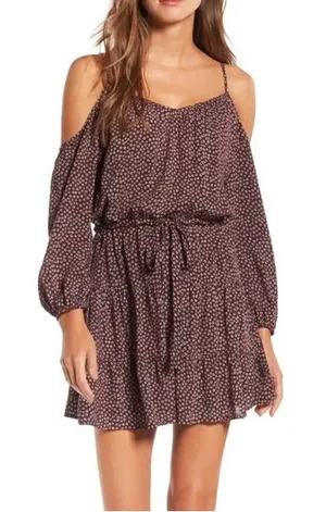 Paige of shoulder Long Sleeve Floral Mini Dress in dark purple thumbnail 1