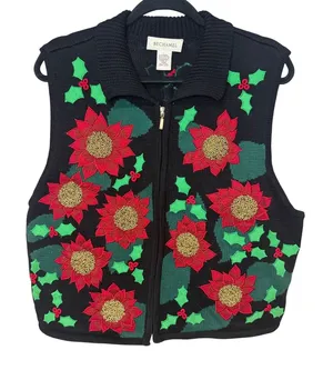 Bechamel Christmas Sweater Vest Large Black Poinsettia Holly Zip Up Knit thumbnail 1
