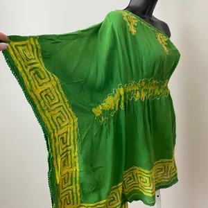 Fashion Terminal Cotton Boho Beachy Relaxed One Shoulder Kaftan Tunic Free Green thumbnail 6