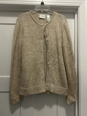 Liz Claiborne Button Cardigan Beige Sweater Medium Cotton Coastal Minimalist thumbnail 1
