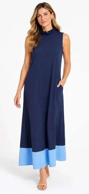 Jude Connally Navy Blue Colorblock Ruffle Neck Maxi Dress S thumbnail 1