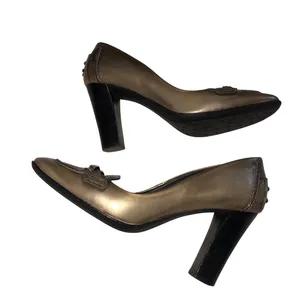 Vintage Tods Bronze Green Metallic Leather Block Heel Loafers 37.5 Y2K 90s thumbnail 7