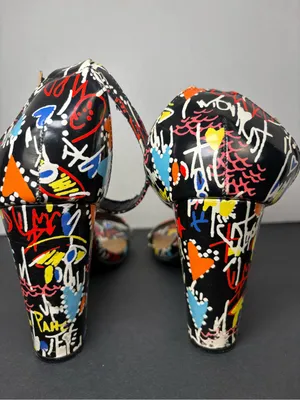 Block Heels BAMBOO Black Multi-Color Graffiti Ankle Strap Sandals thumbnail 6