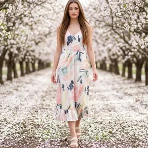 Womens Babydoll Maxi Dress Medium Painter Artsy Floral Beachy Vacation Travel thumbnail 8