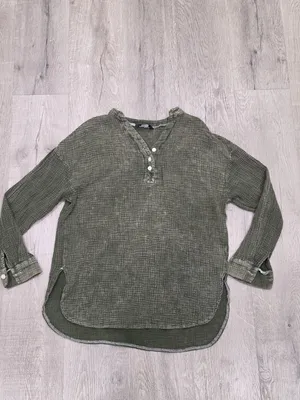 Dokotoo Green Textured Long Sleeve Button Henley Top Casual Loose Fit size mediu thumbnail 9
