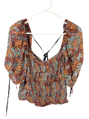 Free People Multi Color Smocked Puff Sleeve Crop Top Tie Back Arms Size Large thumbnail 2