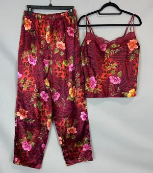 Sophia Delicates 2Pc Satin Pajama Set M Burgundy Floral Animal Print Lace Cami thumbnail 1