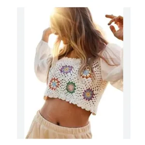 Aerie Crochet Granny Square Top Small White Long Sleeve Flowy Vacay Shirt Boho thumbnail 2