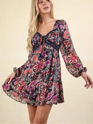 Boho Floral empire waist sweetheart neck dress from Pink Lily boutique thumbnail 1