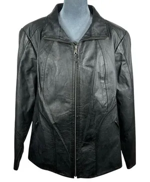 Genuine Black Leather Jacket Plus 16-18W Full Zip Lined‎ Minimalist Patina Retro thumbnail 1