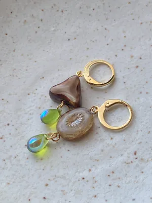 Handmade unique retro vintage fairy boho style dangle earrings w/ quality Czech glass beads mix 🌀🍃💛 thumbnail 7