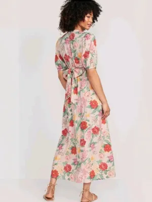 Old Navy Fit & Flare Floral Linen-Blend Twist-Front Maxi Dress Puff Sleeve Sz XL thumbnail 2