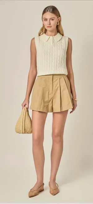 English Factory Tuck Detailed Shorts Size Medium Beige High Waist Pleated thumbnail 1