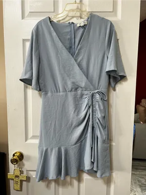 She + Sky Dusty Blue Wrap Mini Dress with Ruffle Detail thumbnail 2