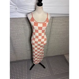 Amazon Peach Cream Checkered Knit Maxi Dress Small Adjustable Straps Bodycon Sweater thumbnail 2