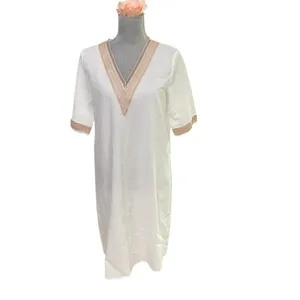 Noracora Women Size S Cotton Shift Dress Mid Sleeve Cream Embroidered Lace Neck thumbnail 2