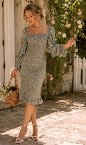 Petal & Pup Leia Floral Smocked Midi Dress Olive Puff Sleeve NWT US 0 thumbnail 1