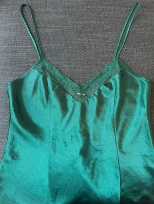 Emerald Green Satin Midi Slip Dress Lace Vintage Size Medium Lingerie Nightie thumbnail 1