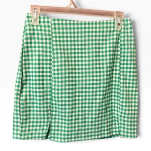 Mini Skirt Womens 7 Green Gingham Excellent Front Slit High Waist thumbnail 1