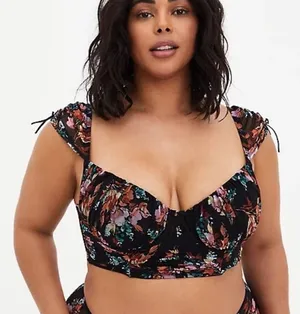 Torrid Curve Dark Floral Ruched Mesh Cap Sleeve Underwire Bra thumbnail 1