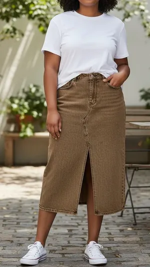 Wild Fable Brown Denim Midi Skirt Raw Hem Front Slit Size 14 Fair Trade thumbnail 1