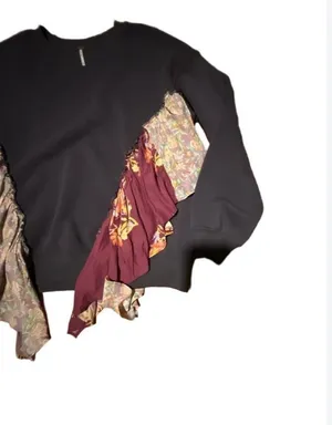 Free People She's Just Cute pullover sweatshirt in Washed Black. Size XS. Crew neck with floral fabric ruffle detail. Pre-owned with on spot of peeling shown in last photo thumbnail 2