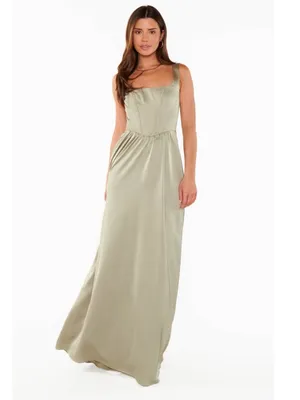 Show Me Your Mumu Nina Maxi Dress in Moss Green Luxe Satin Medium Corset thumbnail 2