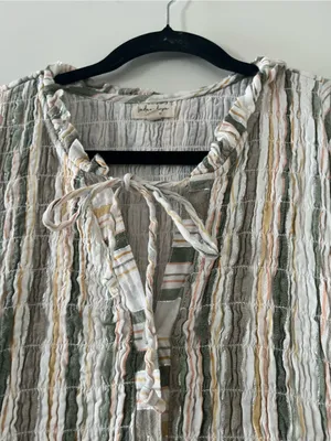 Green White Striped Cotton Tiered Button Up Maxi Dress Small Coastal Resort thumbnail 6